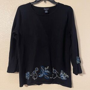 West End Women's Vintage M Black w/ Blue & White Floral Embroidery Sweater